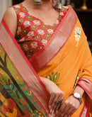 Yellow Linen Kalamkari Printed Saree