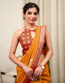 Turmeric Yellow Linen Kalamkari Printed Saree
