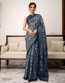 Navy Blue Khadi Bandhani Printed Saree 