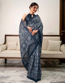 Navy Blue Khadi Bandhani Printed Saree 