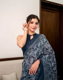 Navy Blue Khadi Bandhani Printed Saree 