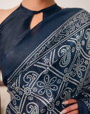 Navy Blue Khadi Bandhani Printed Saree 