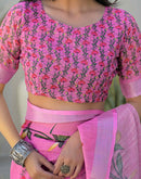 Pink Linen Floral Printed Saree