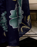 Navy Blue Khadi Floral Printed Saree
