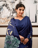 Navy Blue Khadi Floral Printed Saree