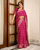 Rani Pink Georgette Printed Zari Stripe Saree