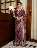 Wine Georgette Printed Zari Stripe Saree 