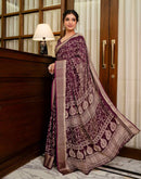 Wine Georgette Printed Zari Stripe Saree 