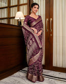 Wine Georgette Printed Zari Stripe Saree 
