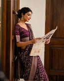 Wine Georgette Printed Zari Stripe Saree 