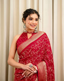Red Georgette Printed Zari Stripe Saree 