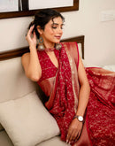 Red Georgette Printed Zari Stripe Saree 