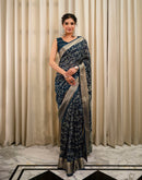 Blue Georgette Printed Zari Stripe Saree 