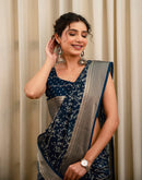 Blue Georgette Printed Zari Stripe Saree 