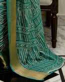 Teal Green Silk Printed Zari Stripe Saree