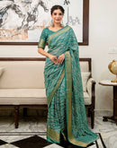 Teal Green Silk Printed Zari Stripe Saree