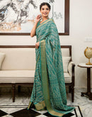 Teal Green Silk Printed Zari Stripe Saree
