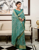 Teal Green Silk Printed Zari Stripe Saree