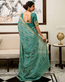 Teal Green Silk Printed Zari Stripe Saree