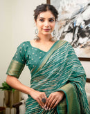 Teal Green Silk Printed Zari Stripe Saree