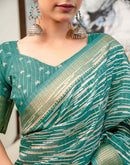 Teal Green Silk Printed Zari Stripe Saree