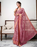 Dark Mauve Silk Printed Zari Stripe Saree
