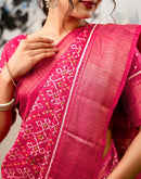 Pink Silk Printed Zari Stripe Saree 