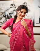 Pink Silk Printed Zari Stripe Saree 