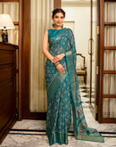 Green Silk Printed Zari Stripe Saree 