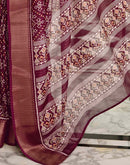 Wine Silk Printed Zari Stripe Saree 
