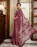 Wine Silk Printed Zari Stripe Saree 
