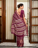 Wine Silk Printed Zari Stripe Saree 