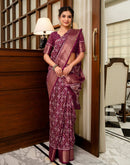 Wine Silk Printed Zari Stripe Saree 