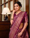 Wine Silk Printed Zari Stripe Saree 