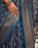 Navy Blue Silk Printed Zari Stripe Saree 