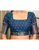 Navy Blue Silk Printed Zari Stripe Saree 