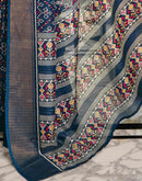 Navy Blue Silk Printed Zari Stripe Saree 