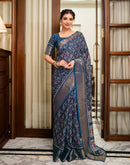 Navy Blue Silk Printed Zari Stripe Saree 