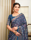Navy Blue Silk Printed Zari Stripe Saree 