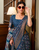 Navy Blue Silk Printed Zari Stripe Saree 