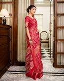 Red Silk Printed Zari Stripe Saree 