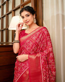 Red Silk Printed Zari Stripe Saree 