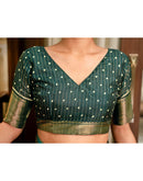Dark Green Silk Printed Zari Stripe Saree 