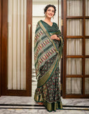 Dark Green Silk Printed Zari Stripe Saree 