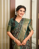 Dark Green Silk Printed Zari Stripe Saree 
