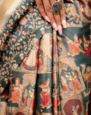 Dusty Rama Green Silk Kalamkari Printed Saree
