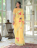Light Yellow Linen Floral Printed Saree
