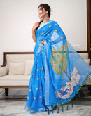 Sky Blue Linen Printed Saree 