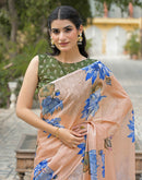 Peach Linen Floral Printed Saree