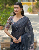 Black Linen Floral Printed Saree